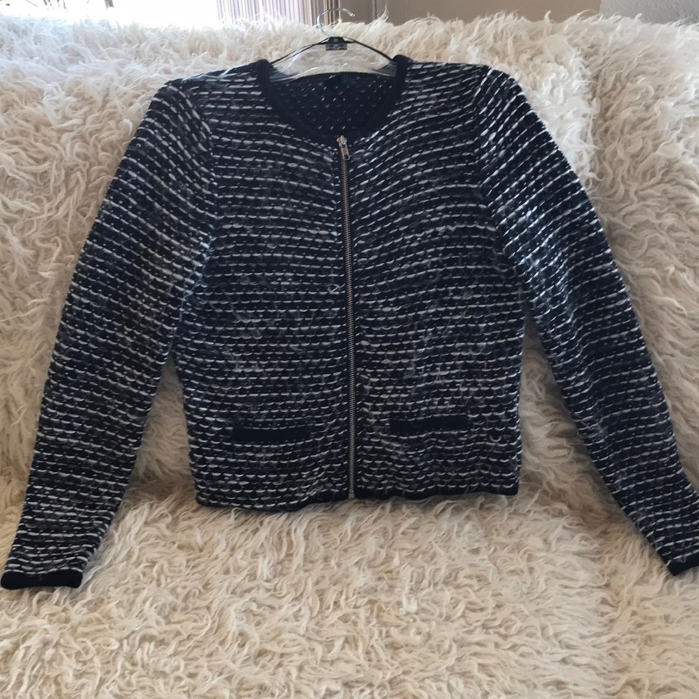 H&M fuzzy black, cream, silver zip sweater, size M